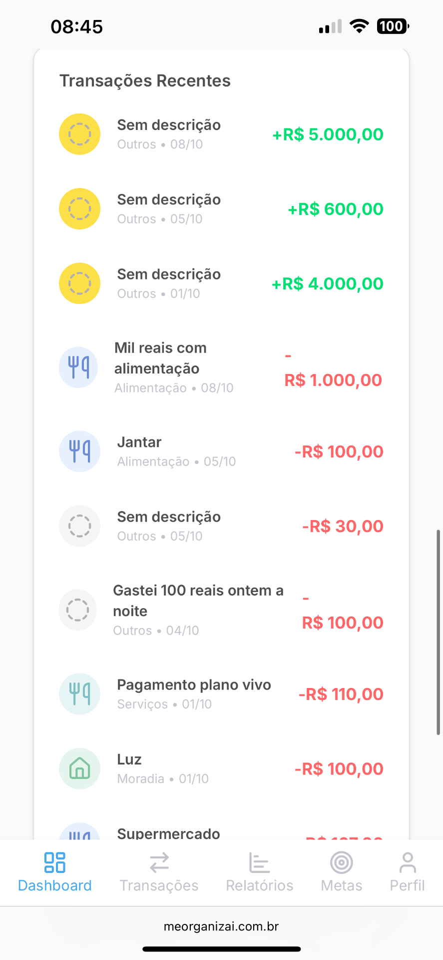Transações recentes
